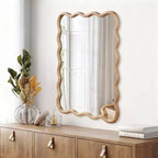 Miroir décoratif 40" rectangle ondulé avec cadre en bois massif, miroir mural moderne de style ferme pour chambre, salle de bain et salon, bois naturel