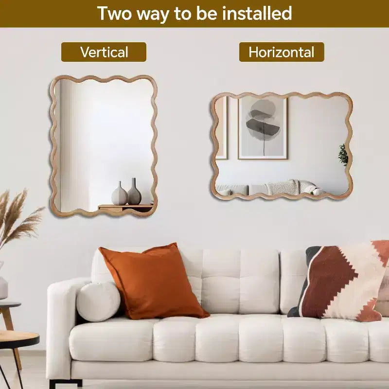 Miroir décoratif 40" rectangle ondulé avec cadre en bois massif, miroir mural moderne de style ferme pour chambre, salle de bain et salon, bois naturel