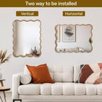 Miroir décoratif 40" rectangle ondulé avec cadre en bois massif, miroir mural moderne de style ferme pour chambre, salle de bain et salon, bois naturel