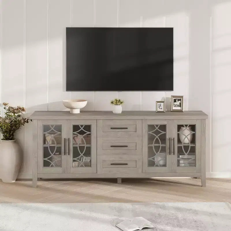 Meuble TV de ferme pour téléviseur, meuble de divertissement du milieu du siècle avec 3 tiroirs et 2 portes de rangement, table console TV média en bois pour salon