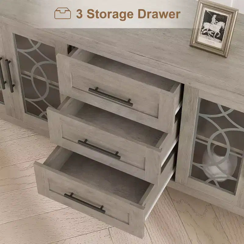 Meuble TV de ferme pour téléviseur, meuble de divertissement du milieu du siècle avec 3 tiroirs et 2 portes de rangement, table console TV média en bois pour salon