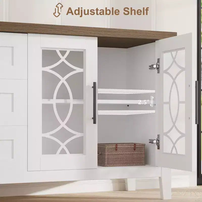 Meuble TV de ferme pour téléviseur, meuble de divertissement du milieu du siècle avec 3 tiroirs et 2 portes de rangement, table console TV média en bois pour salon
