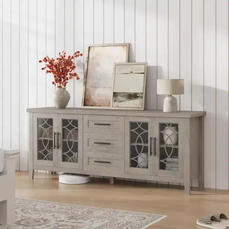 Meuble TV de ferme pour téléviseur, meuble de divertissement du milieu du siècle avec 3 tiroirs et 2 portes de rangement, table console TV média en bois pour salon