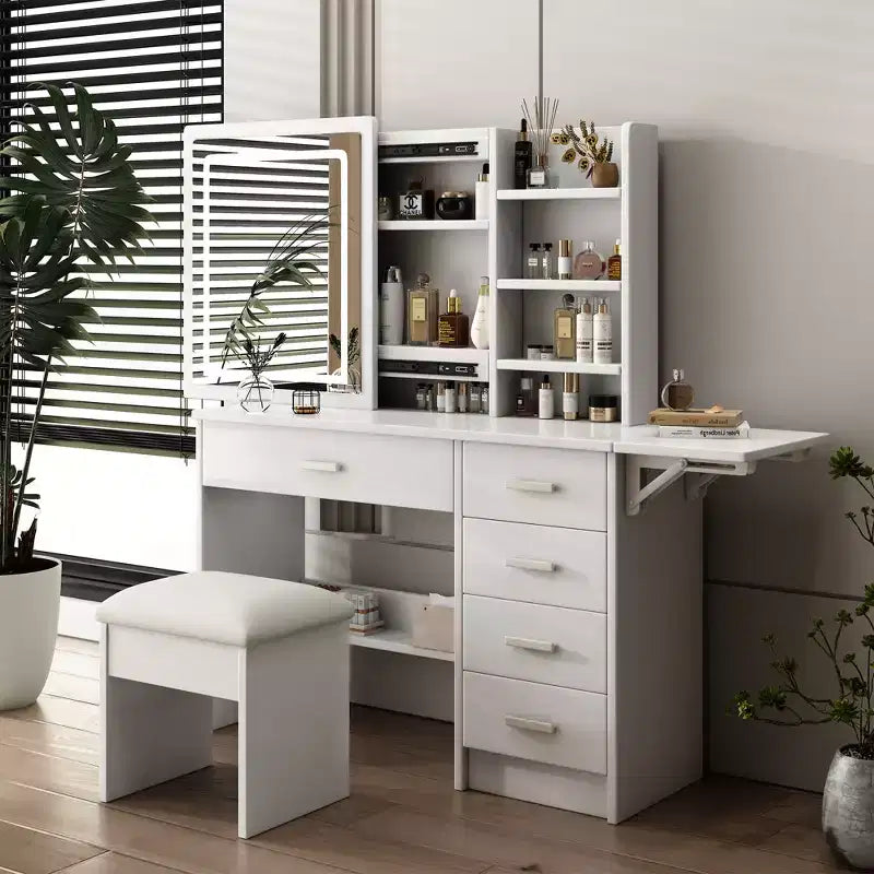 Coiffeuse moderne avec miroir et lumières, 1 chaise, 5 tiroirs et étagères ouvertes