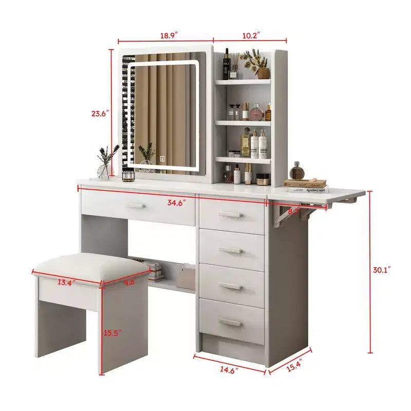 Coiffeuse moderne avec miroir et lumières, 1 chaise, 5 tiroirs et étagères ouvertes