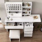 Coiffeuse moderne avec miroir et lumières, 1 chaise, 5 tiroirs et étagères ouvertes