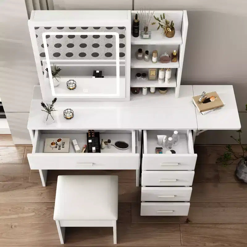 Coiffeuse moderne avec miroir et lumières, 1 chaise, 5 tiroirs et étagères ouvertes