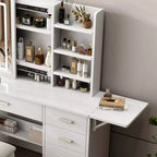 Coiffeuse moderne avec miroir et lumières, 1 chaise, 5 tiroirs et étagères ouvertes