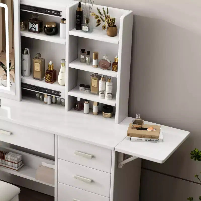Coiffeuse moderne avec miroir et lumières, 1 chaise, 5 tiroirs et étagères ouvertes