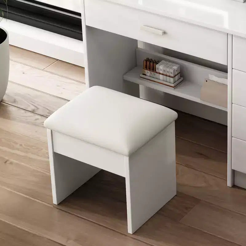 Coiffeuse moderne avec miroir et lumières, 1 chaise, 5 tiroirs et étagères ouvertes