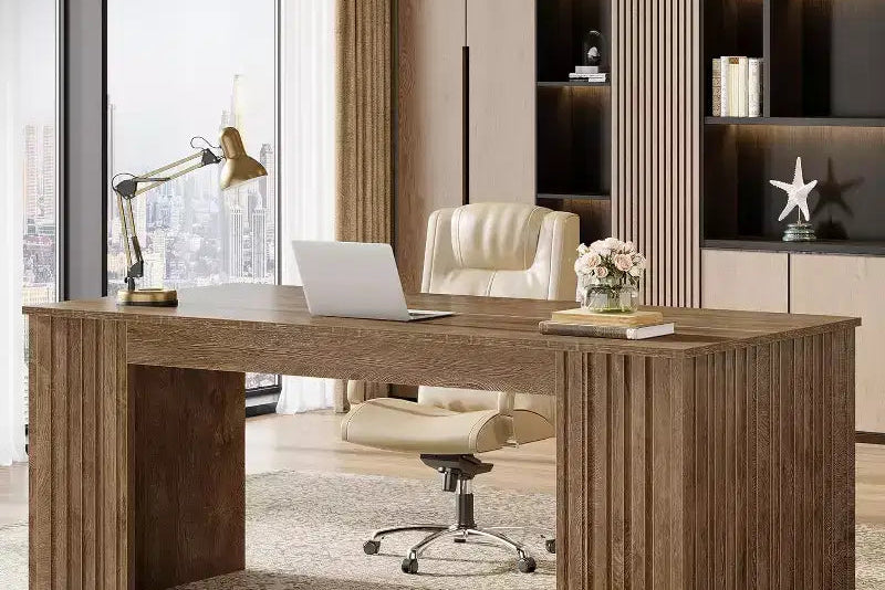 Lantine Modern Executive Desk, 63-Inch Large Office Computer Desk, Study Writing Table Workstation Business Furniture for Home Office, Brown