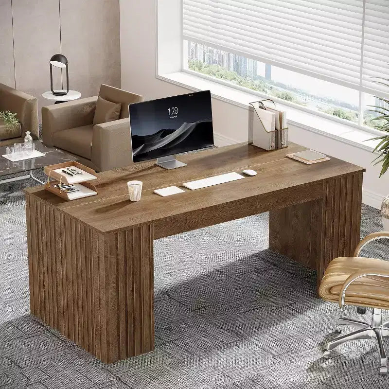 Grand bureau d'ordinateur moderne, poste de travail table d'étude pour bureau à domicile, marron