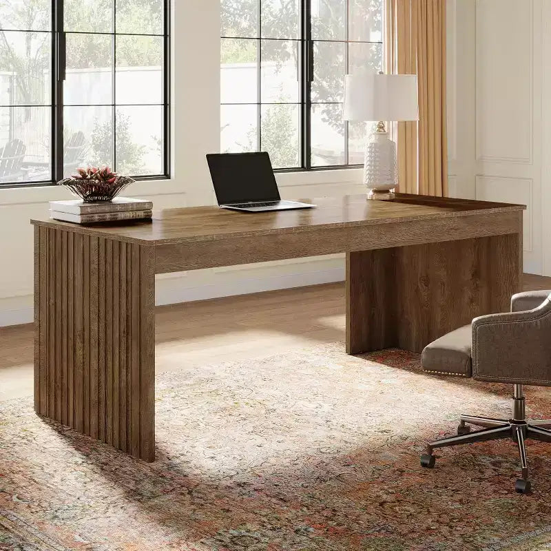 Grand bureau d'ordinateur moderne, poste de travail table d'étude pour bureau à domicile, marron