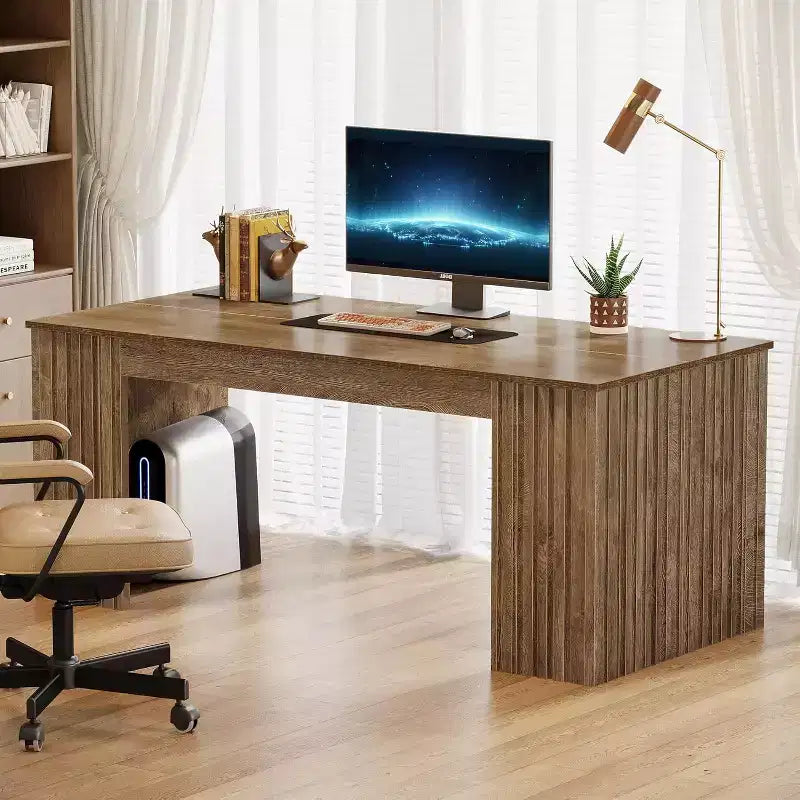 Grand bureau d'ordinateur moderne, poste de travail table d'étude pour bureau à domicile, marron