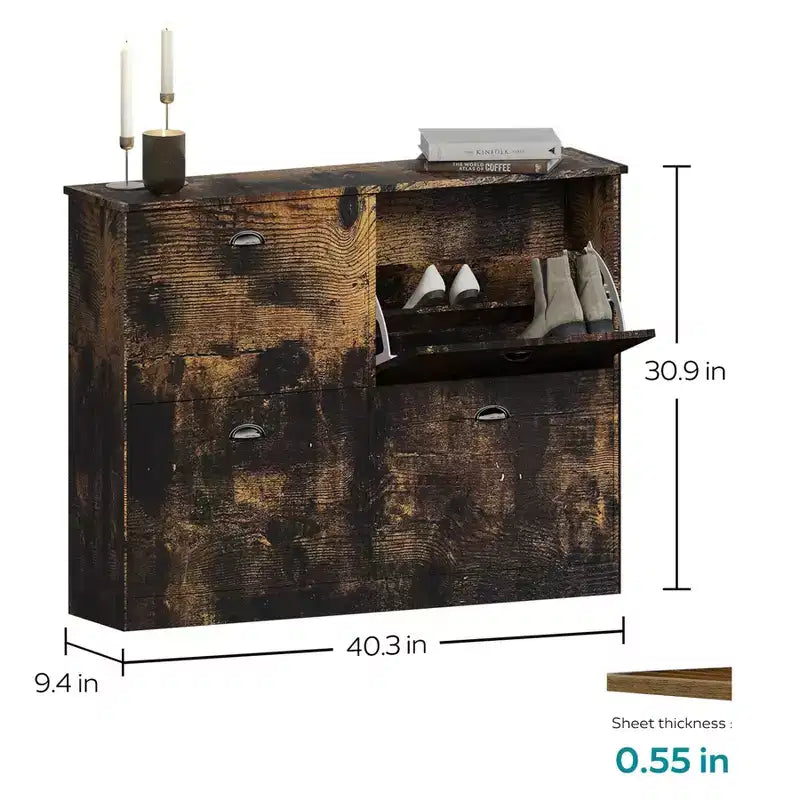 Meuble à chaussures étroit mi-century avec 4 tiroirs basculants, étagère à chaussures autoportante pour hall d'entrée et entrée