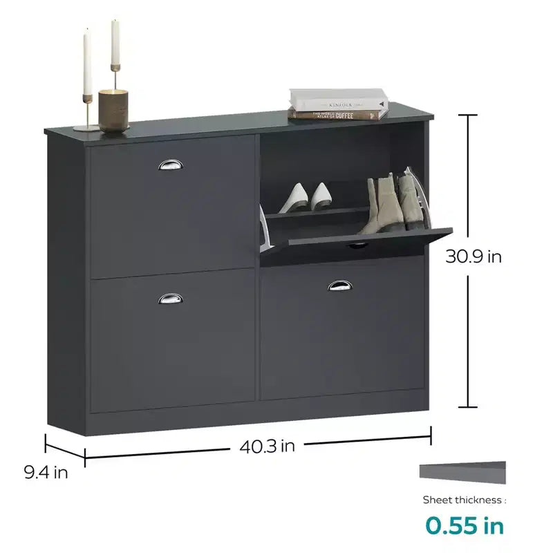 Meuble à chaussures étroit mi-century avec 4 tiroirs basculants, étagère à chaussures autoportante pour hall d'entrée et entrée