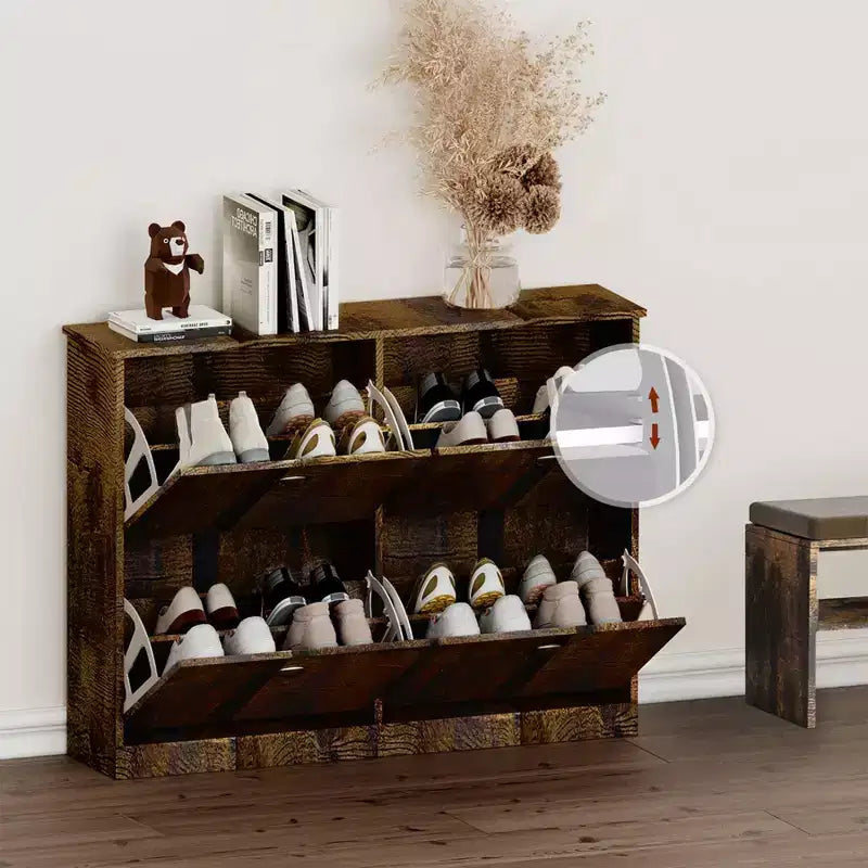 Meuble à chaussures étroit mi-century avec 4 tiroirs basculants, étagère à chaussures autoportante pour hall d'entrée et entrée