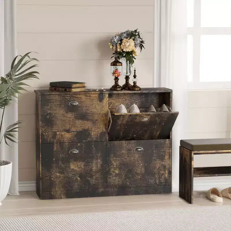 Meuble à chaussures étroit mi-century avec 4 tiroirs basculants, étagère à chaussures autoportante pour hall d'entrée et entrée