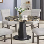 Table à manger moderne aspect marbre avec piètement central en bois