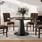 Table à manger moderne aspect marbre avec piètement central en bois