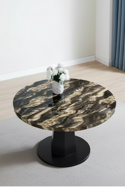 Table à manger moderne aspect marbre avec piètement central en bois