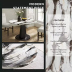 Table à manger moderne aspect marbre avec piètement central en bois
