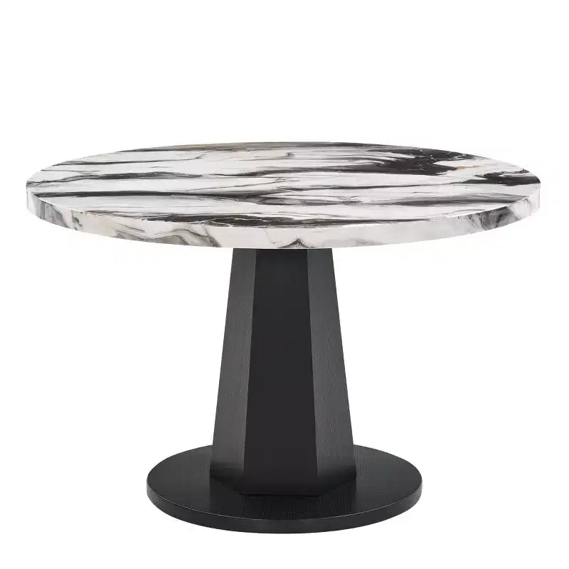 Table à manger moderne aspect marbre avec piètement central en bois