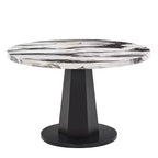 Table à manger moderne aspect marbre avec piètement central en bois