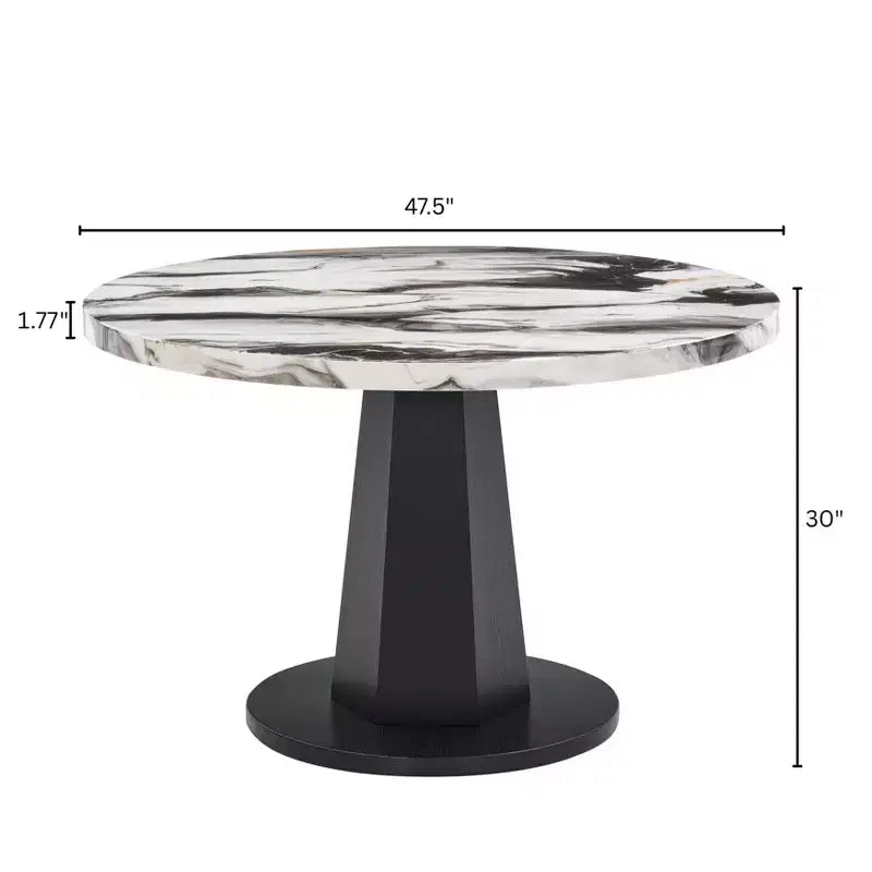 Table à manger moderne aspect marbre avec piètement central en bois